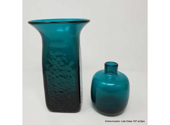 Two Teal Art Glass Handblown Vases