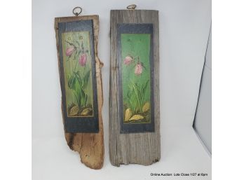 Lady Slippers Hand Painted On Slate Mounted On Driftwood