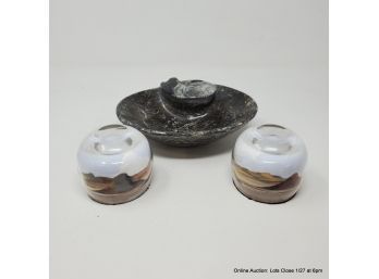 Pair Of Sand Art Paperweights And Carved Moroccan Stone Dish