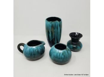 Green Drip Glaze Mid Century Pottery 4pc