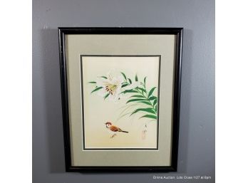 Kobayashi Painting On Silk Bird With Lily