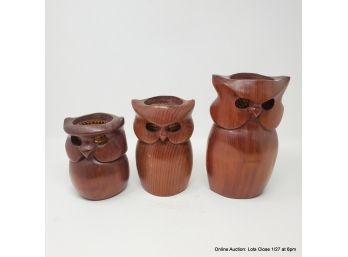 Three Carved Wood Owl Votives