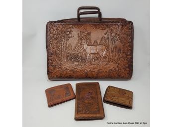 Hand Tooled Leather Briefcase And Wallets 4pc
