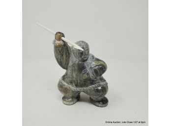 Carved Soapstone Inuit Hunter With Harpoon Signed 't. Ekak'
