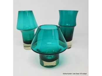 Trio Of Teal Mid Century Finnish Art Glass Vases