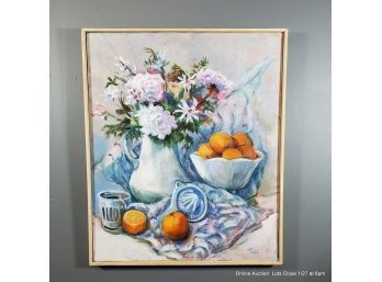 Oil On Canvas Still Life With Fruit And Flowers Signed Roll