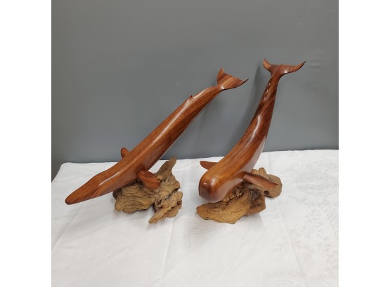 Two Carved Wood Whales