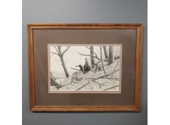 J. Mesick 1984, Woodland Turkeys, Pencil Drawing
