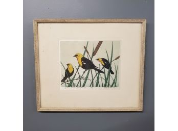 Maurice R. Bebb 1957, Yellow Headed Blackbirds, Color Etching On Silk