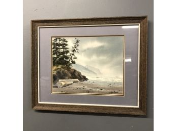'Pacific Coast Beach' Watercolor Landscape By Les Barnett 1978