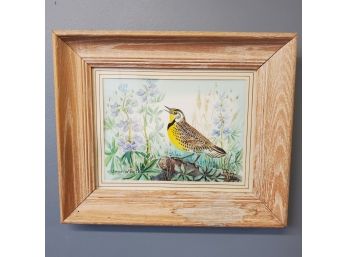 Watercolor On Panel 'jean W Petite' Western Meadowlark With Lupines