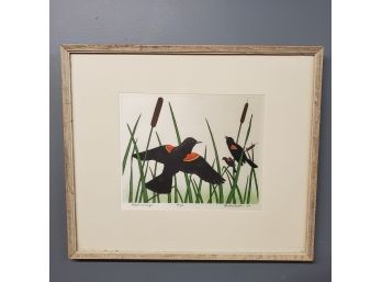 Maurice R. Bebb 1957, Redwings, Color Etching On Silk