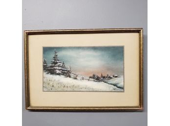 Watercolor On Paper Winter Landscape Signed