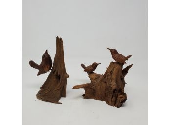 Two Carved Wood Birds By John Cowden