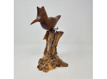 Carved Wood Kingfisher On Driftwood Base By Hazel Brown
