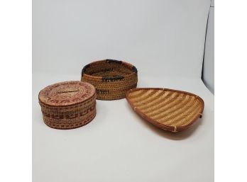 Lot Of Three Handwoven Baskets And Trays