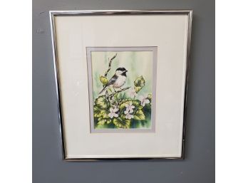 Watercolor On Paper 'susan LeBou 1983' Chickadee & Violets