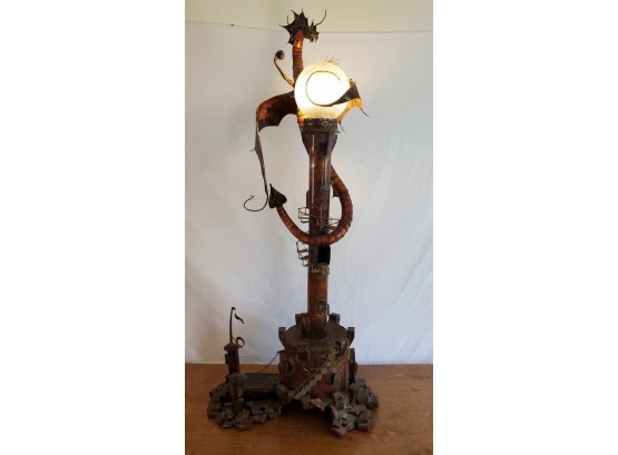 Monumental Hand-fabricated Castle & Dragon Lamp With Working Draw Bridge 47'