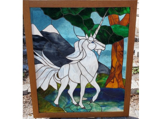 Oak Framed Stained Glass Unicorn Window With Mounting Hardware And Shipping Crate