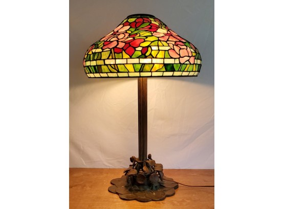 Vintage Leaded & Stained Glass Shade On Bronze Lilly Pad Base Unsigned