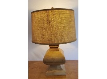 Salvaged Wood Baluster Lamp With Burlap Shade.