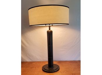 Bronze Table Lamp With White Drum Shade With Inky Black Accent.