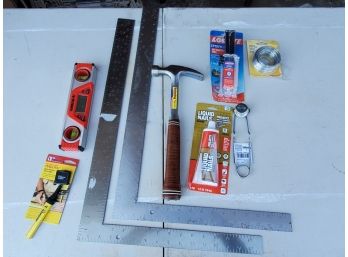 Assorted Hand Tools, Liquid Nails, Epoxy, Magnetic Level, Flint Sparker Two Framing Squares