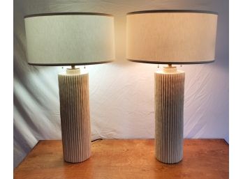 Pair Of Modern Ceramic Table Lamps With White Drum Shades. 31'