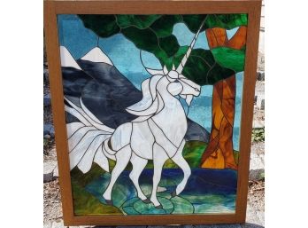 Oak Framed Stained Glass Unicorn Window With Mounting Hardware And Shipping Crate