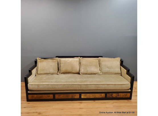 Chinese Art Deco Style Stepped Back Sofa With Brass Floral Decorated Panels