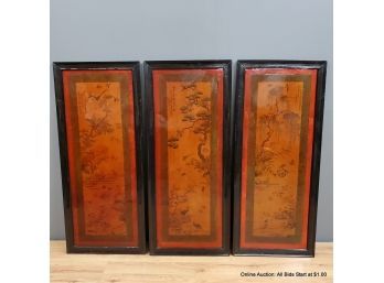 Set Of Three Framed Chinese Prints With Heavy Lacquer