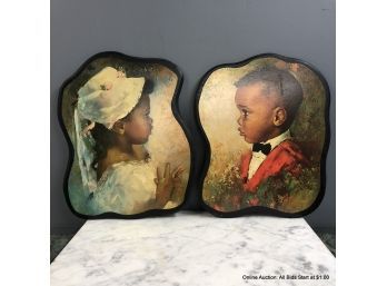 Two Prints On Panel Of Girl And Boy