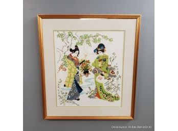 Hand Embroidered Geisha Scene Signed 'Wilton'