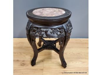 Carved Wood Garden Stool With Stone Top