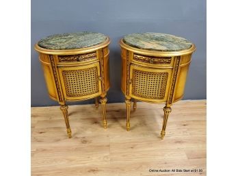 Pair Of Gilt Nightstands With Stone Tops And Caned Panels