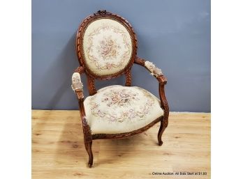 Carved Wood Arm Chair With Tapestry Seat & Back