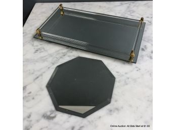 Mirrored Tray With Acrylic And Brass Details And Small Display Mirror