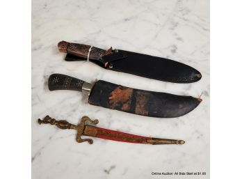 Three Decorated Knives With Sheaths