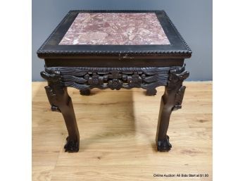 Carved Wood Side Table With Stone Top