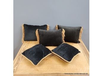 Lot Of Five Black Velour With Gold Fringe Newport Throw Pillows