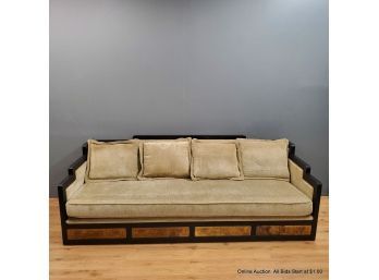 Chinese Art Deco Style Stepped Back Sofa With Brass Floral Decorated Panels