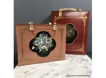 Two Metal Totes With Handles Floral Painting On Front And Back