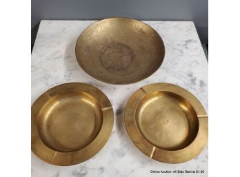 Two Spun Brass Ashtrays Chinese Spun Brass Bowl