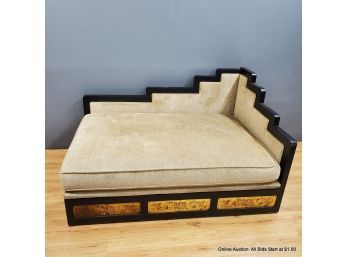 Chinese Art Deco Style Stepped Back Chaise With Brass Floral Decorated Panels