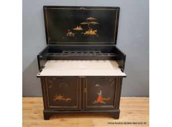 Mid Century Chinoiserie Bar Cabinet On Wheels With Lift Top And Drop Front