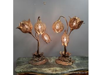 Pair Of Ornate Brass Floral Form Table Lamps