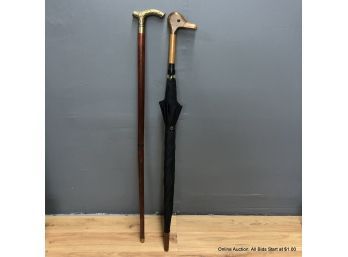 Walking Cane  With Brass Handle And Duck Head Black Umbrella