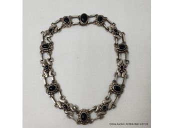 Georg Jensen .830 Silver And Black Cabochon Danish Ornate Choker Necklace