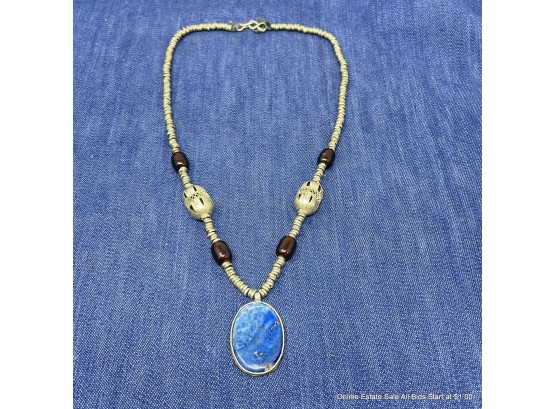 Silver Necklace With Red Beads And Lapis Lazuli Gemstone Pendant