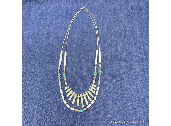 Double Strand Silver Southwest Style Necklace With Turquoise And Shell